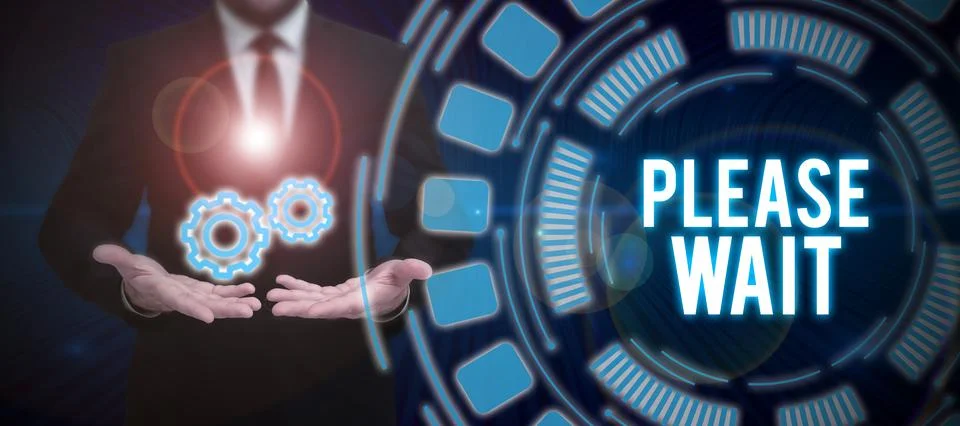 Writing displaying text Please Wait. Word Written on to pause any implemented Stock Photos