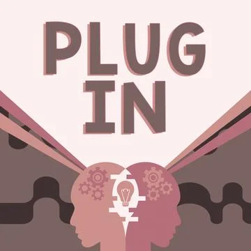 Writing displaying text Plug In. Business overview putting device into Illustrazione stock