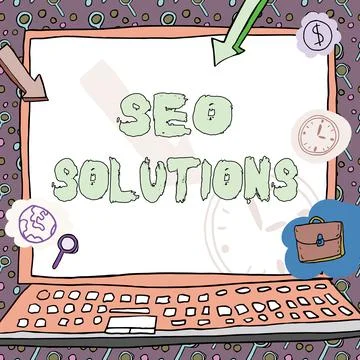 Writing displaying text Seo Solutions. Word Written on Search Engine Result Page Illustrazione stock