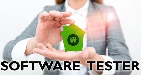 Writing displaying text Software Tester. Word for implemented to protect Foto stock