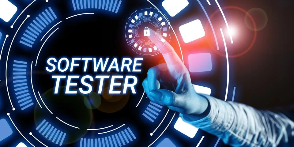 Writing displaying text Software Tester. Word Written on implemented to protect Fotos Stock
