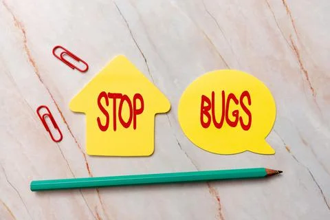 Writing displaying text Stop Bugs. Word Written on Get rid an insect or similar Stock Photos