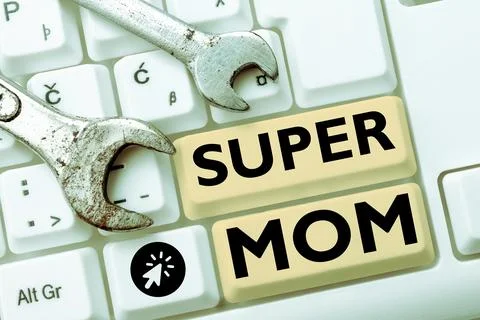 Writing displaying text Super Mom. Business idea a mother who can combine Foto stock