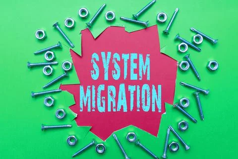 Writing displaying text System Migration. Concept meaning moving from the use of Photos