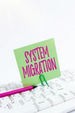 Writing displaying text System Migration. Business concept moving from the use Photos