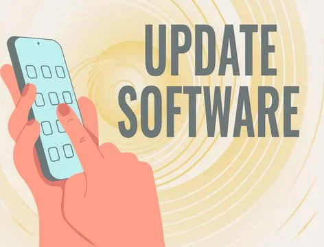 Writing displaying text Update Software. Word Written on replacing program with Stock-Illustration