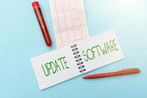 Writing displaying text Update Software. Word for replacing program with a newer Stock Photos