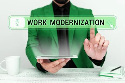 Writing displaying text Work Modernization. Concept meaning changing product Stock Photos