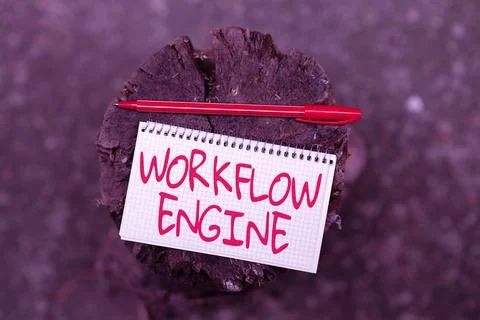 Writing displaying text Workflow Engine. Business overview software application Foto stock