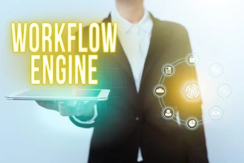 Writing displaying text Workflow Engine. Business overview software application Stockfoto's