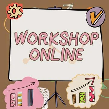 Writing displaying text Workshop Onlineroom or building in which goods are Illustrazione stock