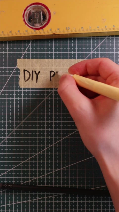 Writing DIY PROJECT on tape mockup with tools. Stock Footage 337816379