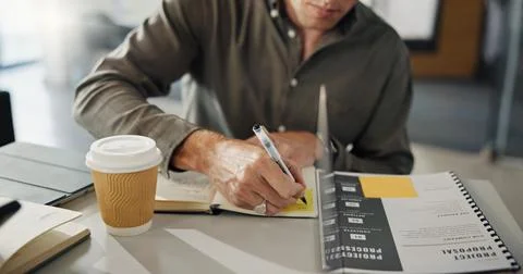Writing, document or hands in office with notebook, calendar plan or brains.. Stock Photos