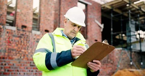 Writing, engineer or man with clipboard at construction site, schedule or s.. Stock Photos