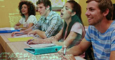 Writing four students in shirts taking notes at classroom desk, with teal ring Stock Photos