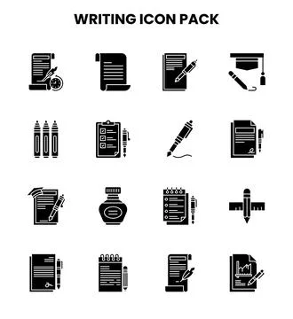 Writing Glyph Set Icons Pack Stock Illustration