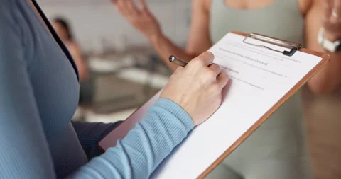 Writing, hands and clipboard for pilates membership with sign up, registration Stock Footage 319296317