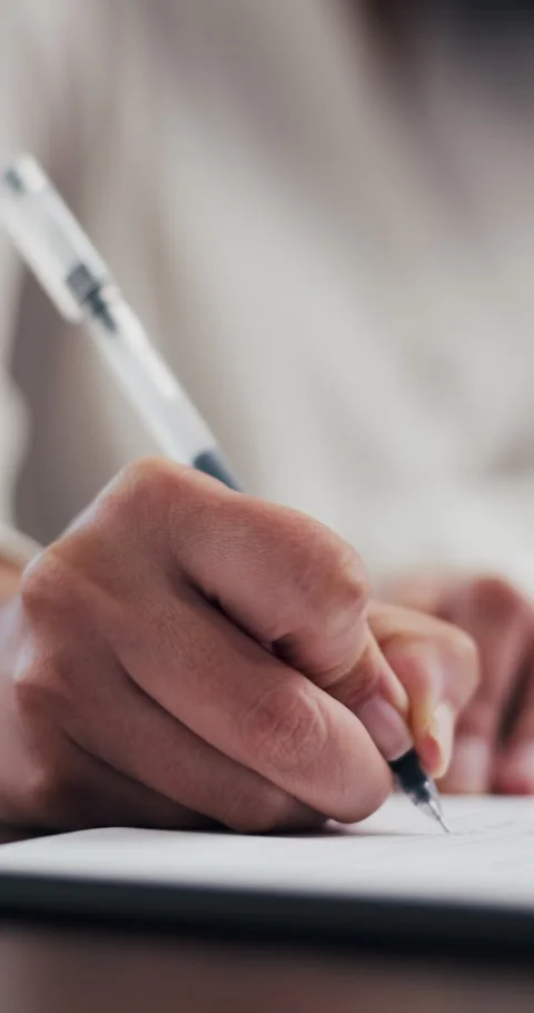 Writing, hands and person with notebook in home, drafting and character idea for Vídeo Stock 335272560
