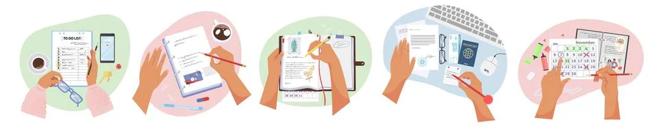 Writing hands. People taking notes, writing diary, planning schedule, to do list Illustrazione stock
