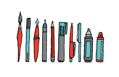 Writing instruments cartoon set Stock Illustration