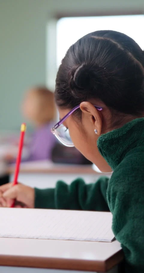 Writing, learning and child in classroom at school with education for test Stock Footage 335910017