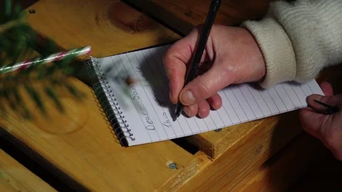 Writing a letter to Santa on notepad view through Christmas tree Stock Footage 325448102