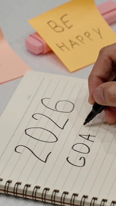 Writing life goals in notebook with Be Happy motivation note Stock Footage 323944942