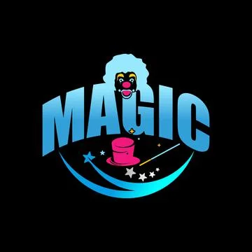 Writing MAGIC with clown head, hat, wand, and star image graphic Stock Illustration