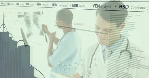 Writing male physician taking notes on clipboard in radiology suite, with Stock Illustration