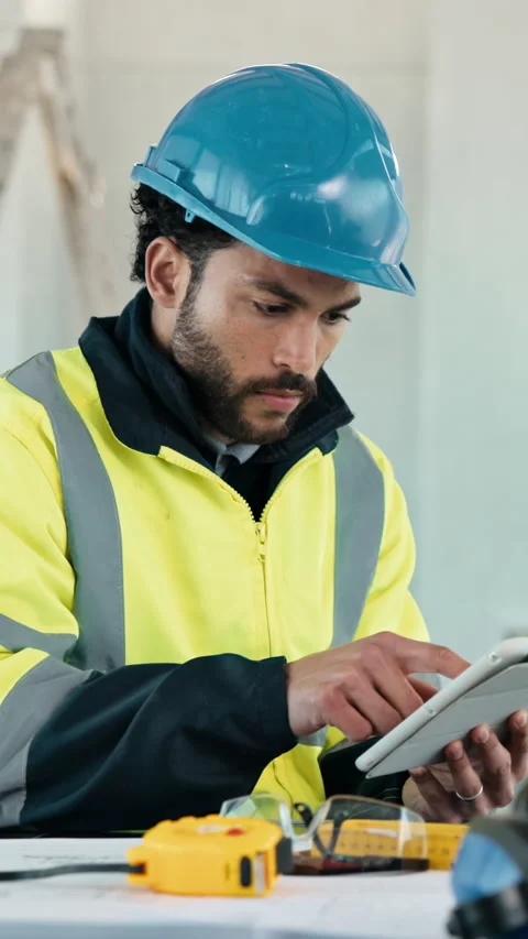 Writing, man and construction worker with tablet on site for email update on Stock Footage 343603527