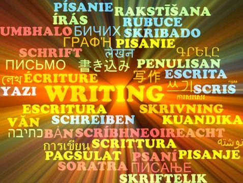 Writing multilanguage wordcloud background concept glowing Stock Illustration