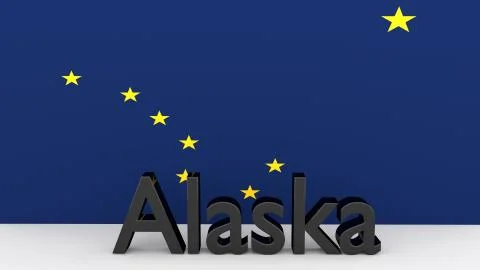 Writing with the name of the us state alaska made of dark metal  in front of  Stock Illustration
