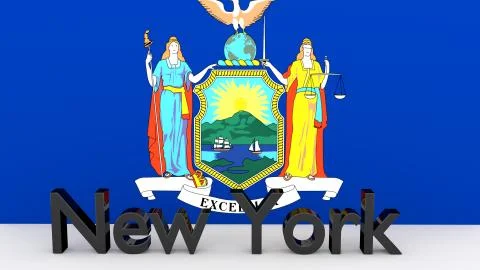 Writing with the name of the us state new york made of dark metal  in front o Stock Illustration