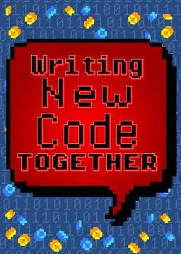 Writing New Code Together. Pixelated text with geometric graphic background.. Stock Illustration