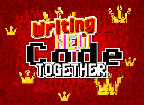 Writing New Code Together. Pixelated text with geometric graphic background.. 스톡 일러스트