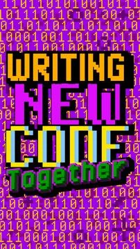 Writing New Code Together. Pixelated text with geometric graphic background.. 스톡 일러스트