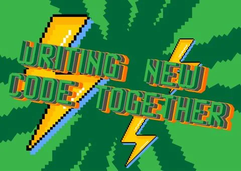 Writing New Code Together. Pixelated text with geometric graphic background.. 스톡 일러스트