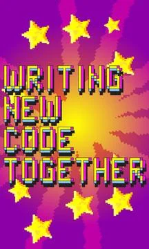 Writing New Code Together. Pixelated text with geometric graphic background.. Stock Illustration