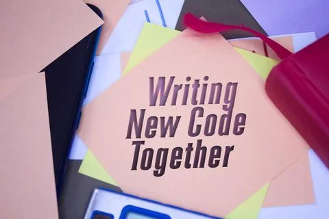 Writing New Code Together. Text on adhesive note paper. Event, celebration .. Foto stock