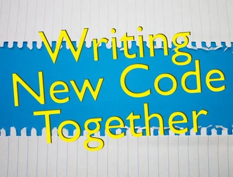 Writing New Code Together text with Torn, Crumpled White Paper on colored b.. Foto stock