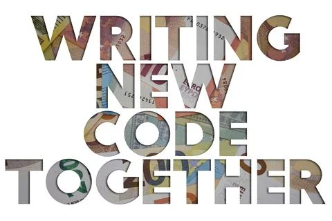 Writing New Code Together word with money. Paper currency background with d.. Stock Illustration