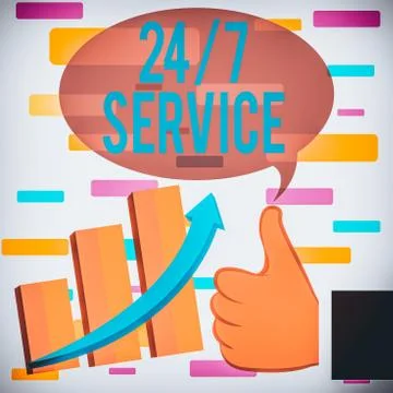 Writing note showing 24 Or 7 Service. Business photo showcasing Always available Illustrazione stock