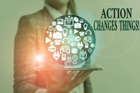 Writing note showing Action Changes Things. Business photo showcasing start Stock Photos