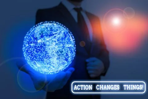 Writing note showing Action Changes Things. Business photo showcasing start Stock Photos