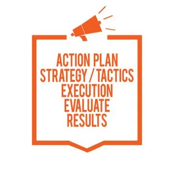 Writing note showing Action Plan Strategy Tactics Execution Evaluate Results Stock Illustration