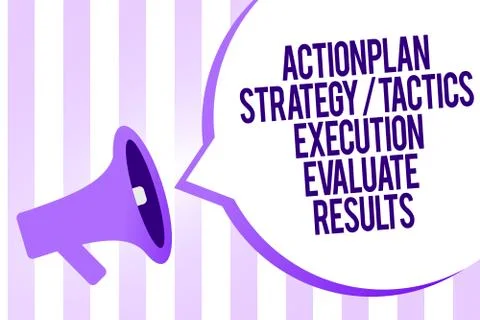 Writing note showing Action Plan Strategy Tactics Execution Evaluate Results Stock Illustration