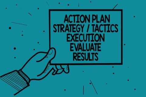 Writing note showing Action Plan Strategy Tactics Execution Evaluate Results Stock Illustration