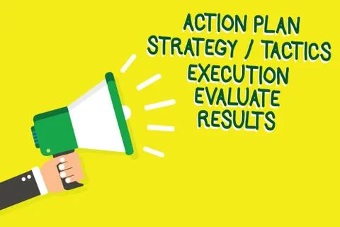 Writing note showing Action Plan Strategy Tactics Execution Evaluate Results Stock Illustration