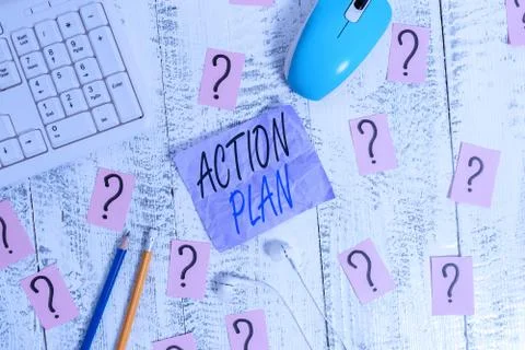 Writing note showing Action Plan. Business photo showcasing detailed plan Stock Photos