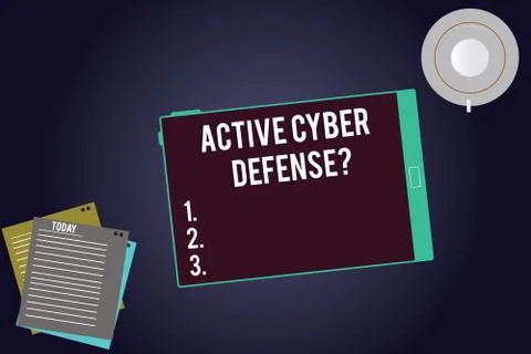 Writing note showing Active Cyber Defensequestion. Business photo showcasing Illustrazione stock